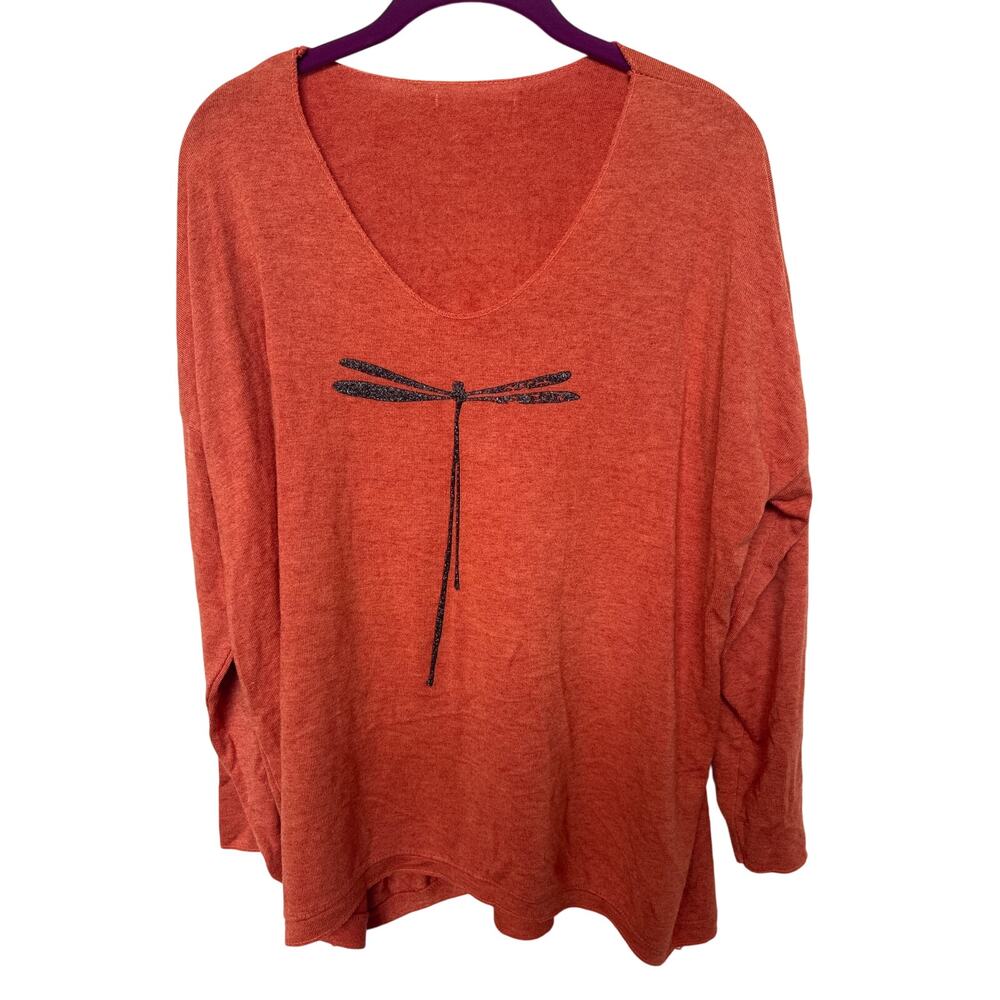 Lacomy France Dragonfly Glitter Graphic V-Neck Top Rust Orange Sweater XL